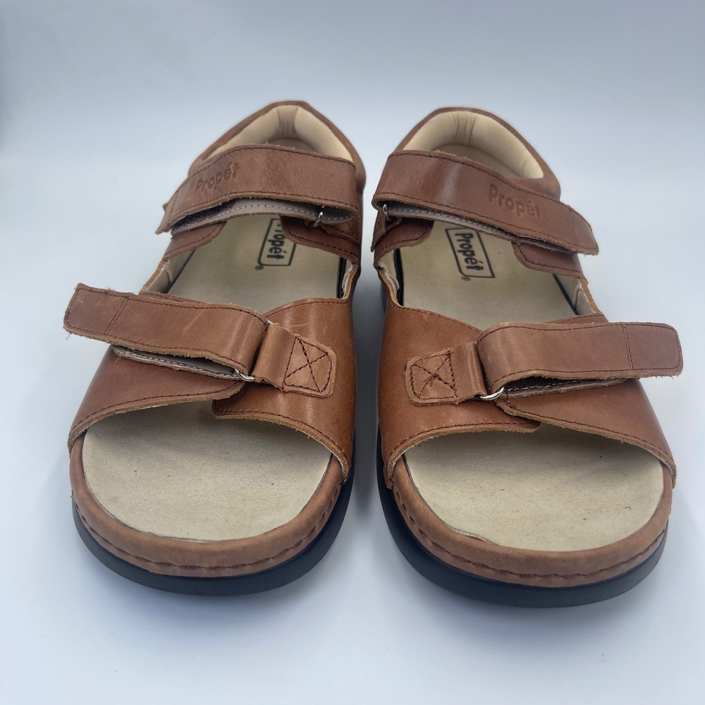 Propet Womens 9 2E Extra Wide Brown Leather Comfort Sandals Adjustable Hook Loop